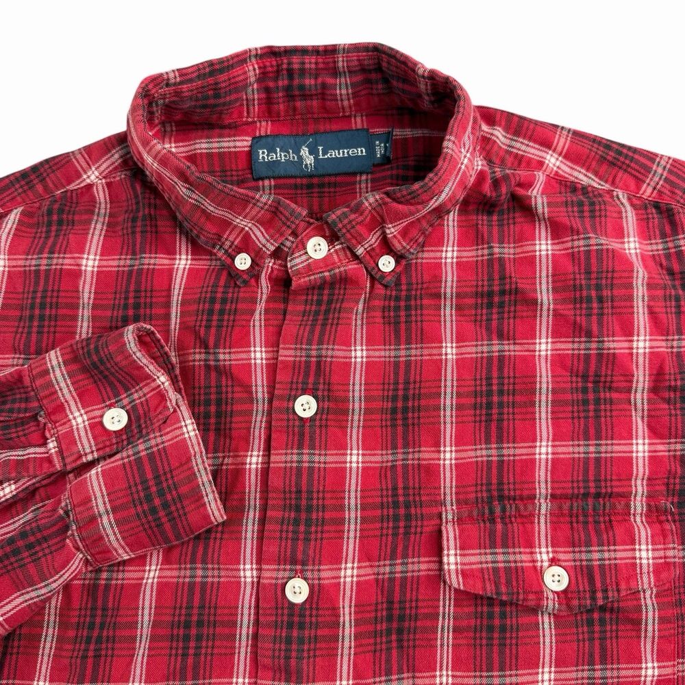 Ralph Lauren Red Plaid Flannel Shirt Men’s XL Button Up Lightweight Pocket